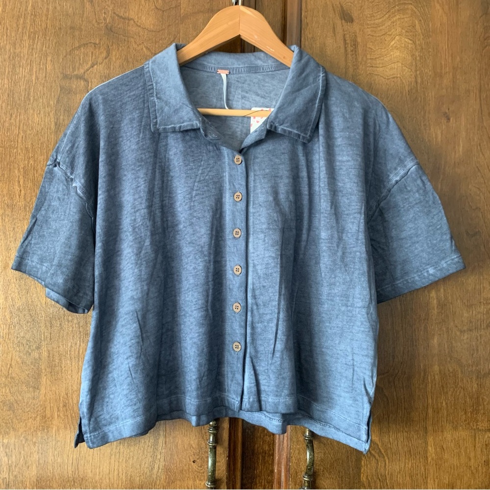 Free People Casual Navy Blue Button-Front Women's Top